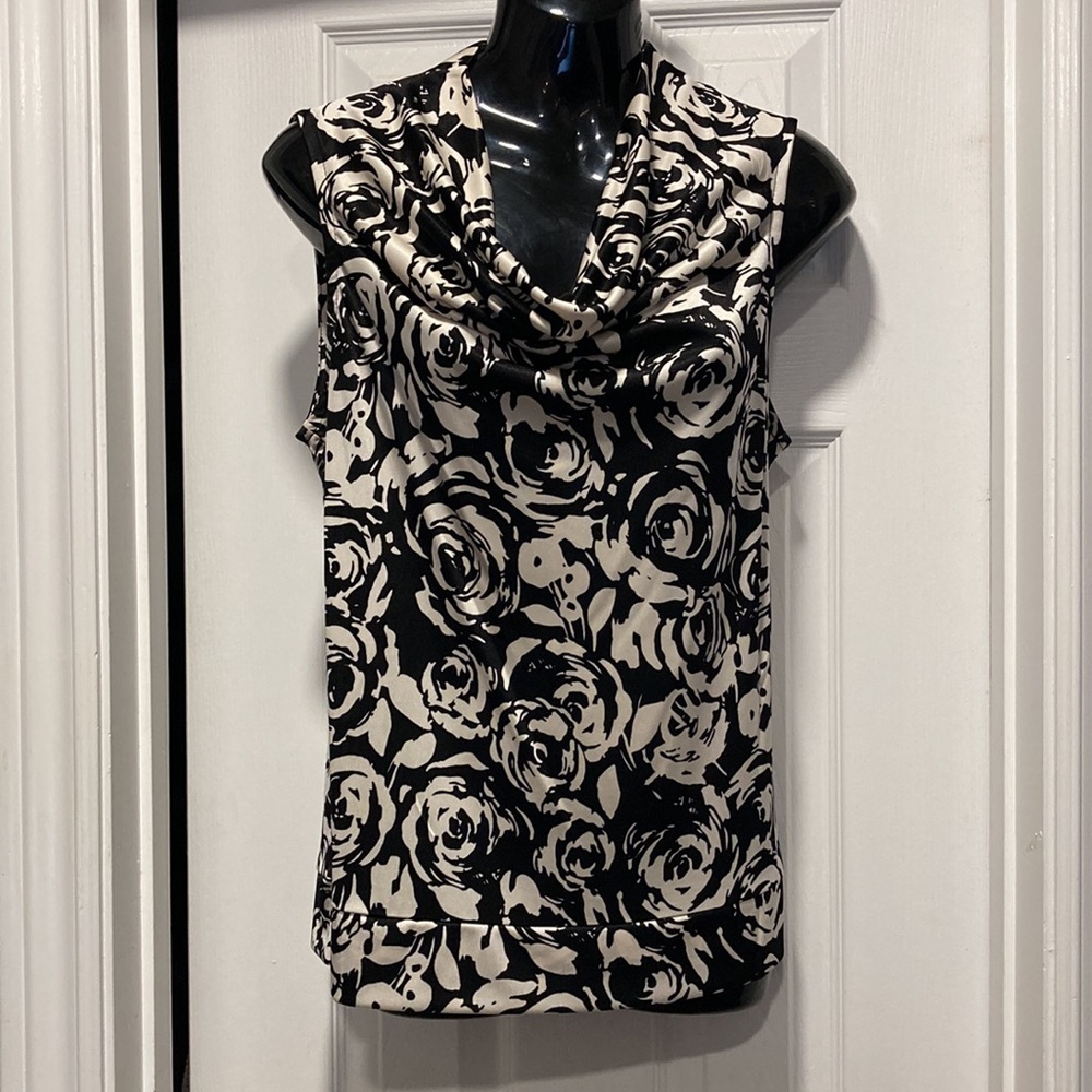 Alfani - Black Ivory Rose Floral Drape Cowl Sleeveless Top - Sz L